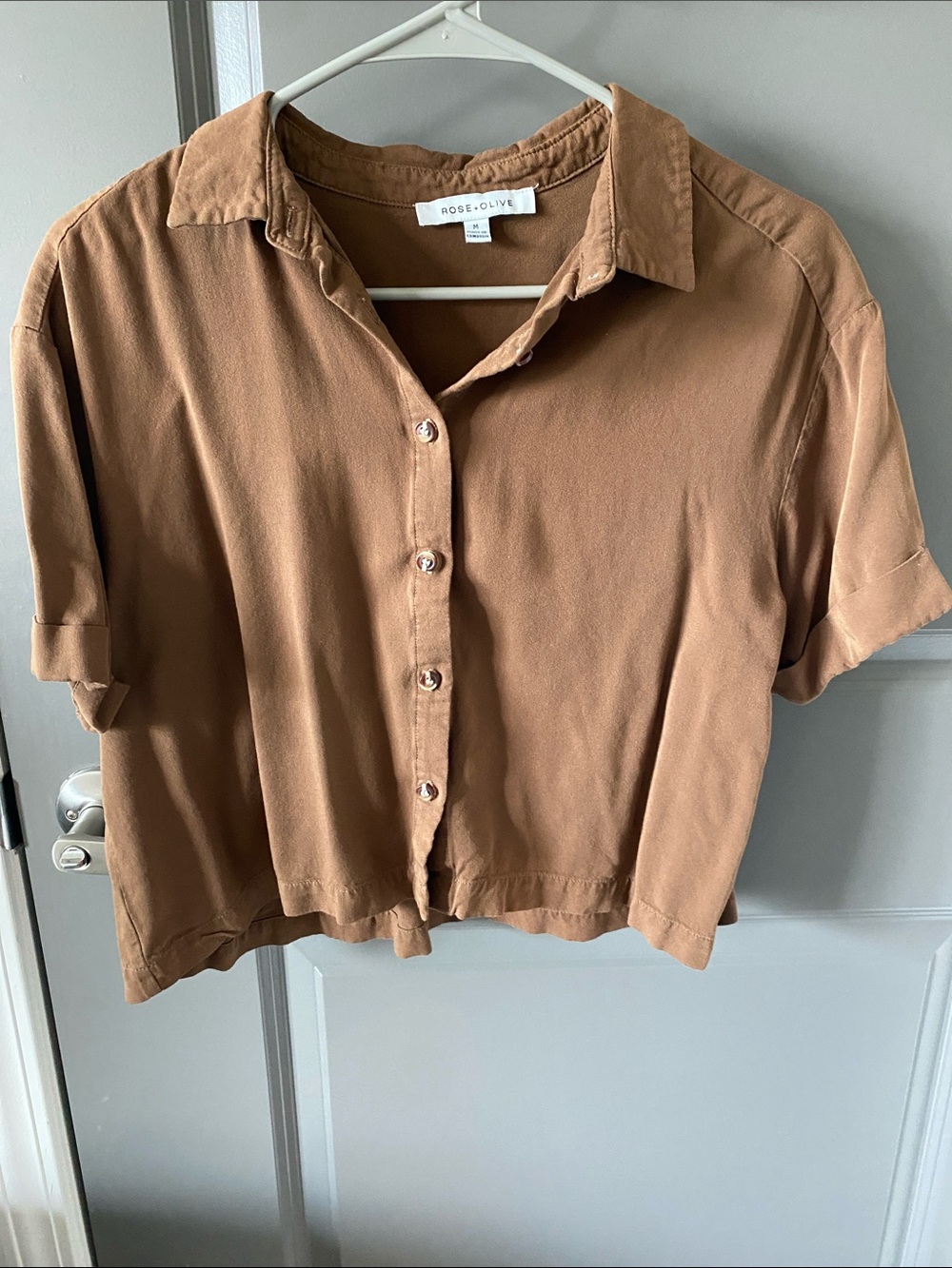 Rose & Olive Cropped Button-Front Shirt in Warm Brown